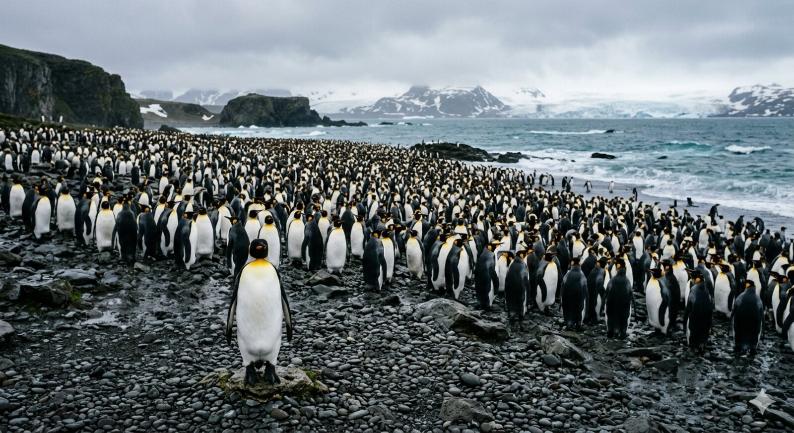 Group of penguins standing on rocky Antarctic terrain with the ocean and sky in the background