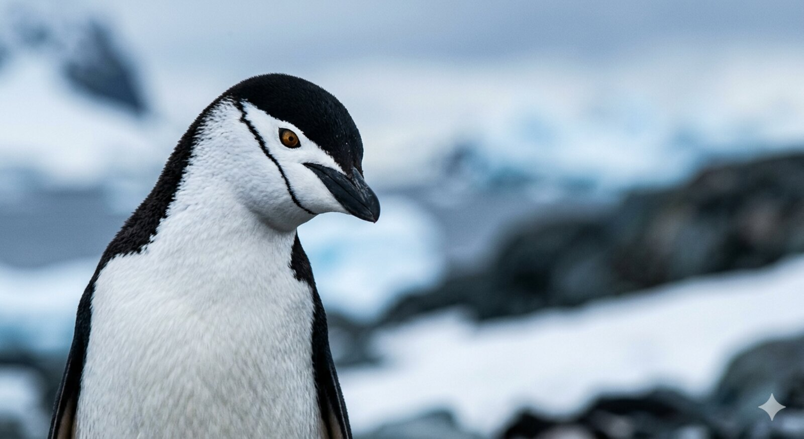 Penguins standing along an Antarctic shoreline with waves and rocky terrain in the background