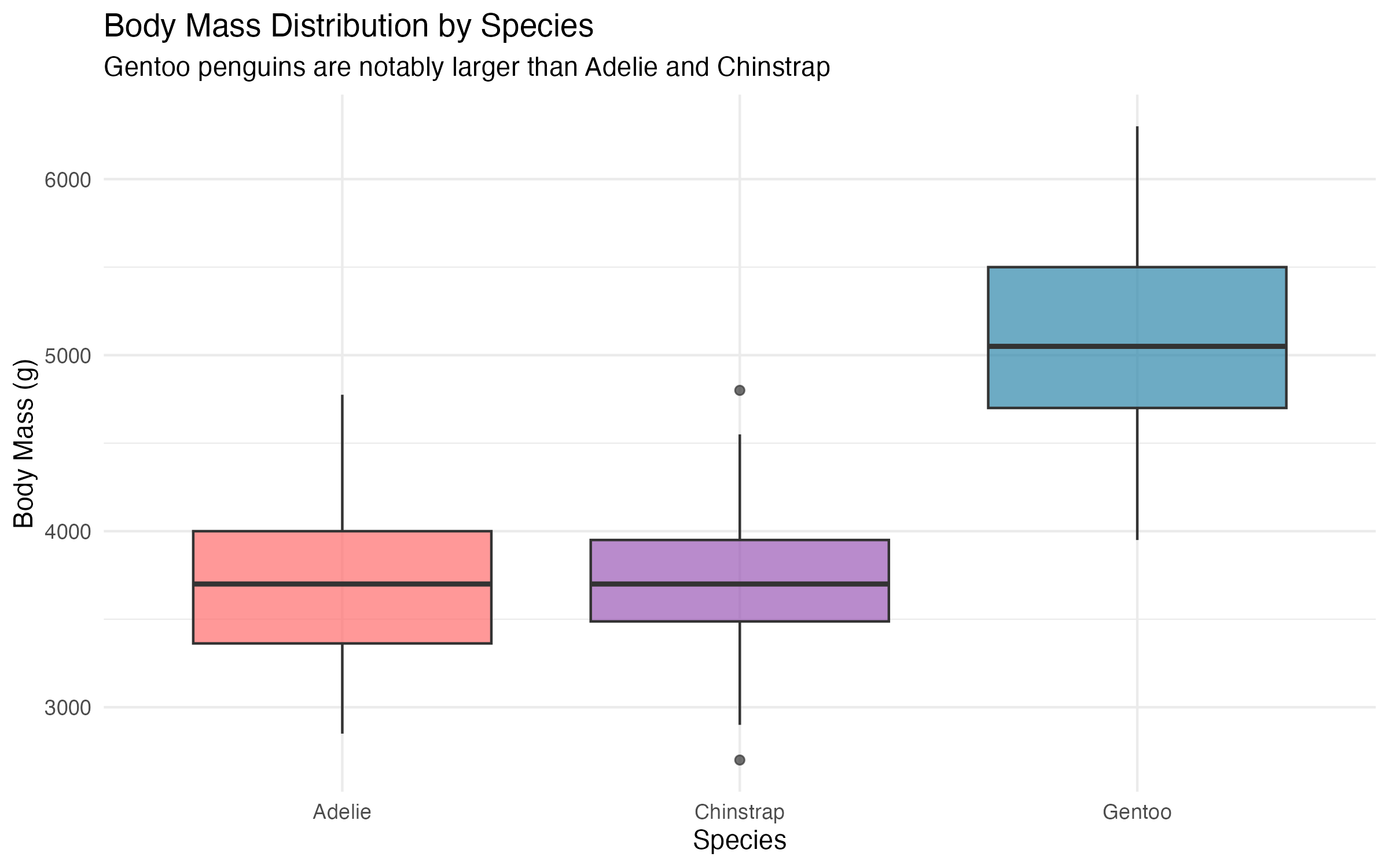 Box plot comparing body mass across Adelie, Chinstrap, and Gentoo penguins. Gentoo median is approximately 5000 g; the other two species cluster near 3700 g.