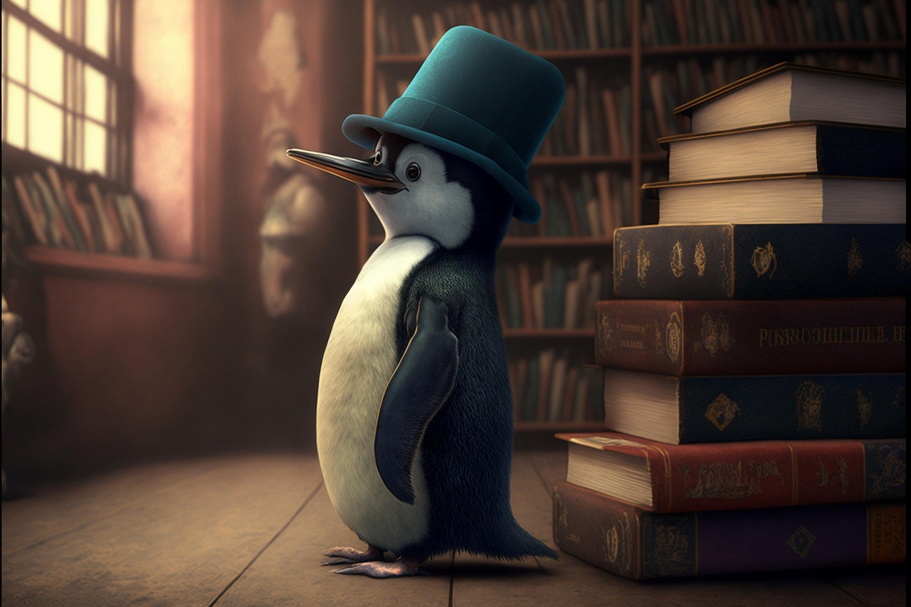 Stylised image of penguins in a library, representing the beginning of a research exploration into penguin morphometrics.