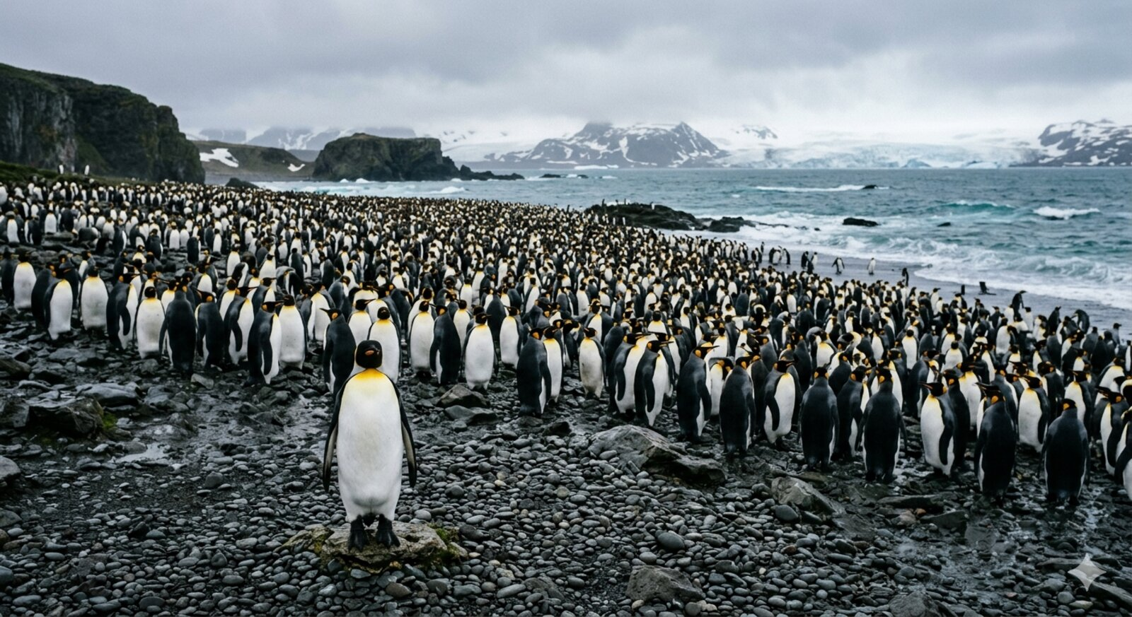 Group of penguins standing on rocky Antarctic terrain with the ocean and sky in the background
