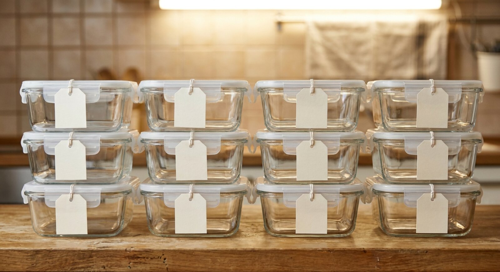 A stack of identical labeled sealed containers, symbolizing identical, portable, ready-to-share packages.